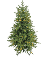Der künstliche Weihnachtsbaum „Åsmund“ PE/PVC – Smart LED ist ein grüner Kunstbaum mit schwarzem Metallständer, ausgestattet mit kleinen, gleichmäßig verteilten warmweißen Lichtern und ohne Schmuck oder Baumspitze.