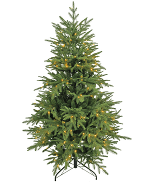 Der künstliche Weihnachtsbaum „Åsmund“ PE/PVC – Smart LED ist ein grüner Kunstbaum mit schwarzem Metallständer, ausgestattet mit kleinen, gleichmäßig verteilten warmweißen Lichtern und ohne Schmuck oder Baumspitze.