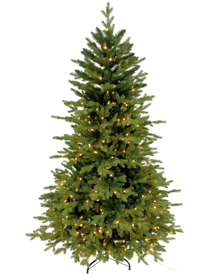 Der künstliche Weihnachtsbaum „Ibsen“ PE/PVC – Smart LED steht auf einem schwarzen Metallsockel vor weißem Hintergrund, seine sattgrünen Zweige sind mit kleinen warmweißen Lichtern gefüllt und ohne zusätzliche Weihnachtsdekoration oder Ornamente.