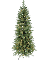 Der künstliche Weihnachtsbaum Slim „Undset“ aus 100 % PE – Smart LED verfügt über Blätter, die sich echt anfühlen, integrierte warmweiße Lichter und einen schwarzen Metallständer, dargestellt vor einem schlichten weißen Hintergrund.