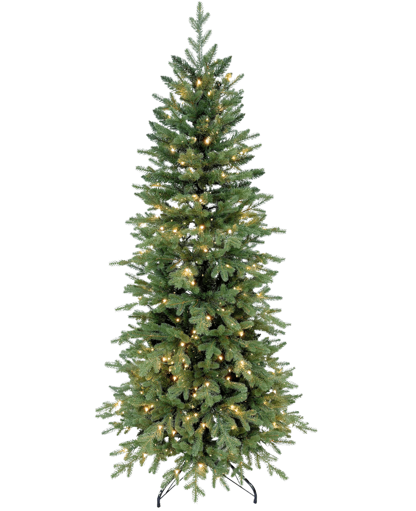 Der künstliche Weihnachtsbaum Slim „Undset“ aus 100 % PE – Smart LED verfügt über Blätter, die sich echt anfühlen, integrierte warmweiße Lichter und einen schwarzen Metallständer, dargestellt vor einem schlichten weißen Hintergrund.