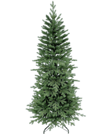 Der künstliche Weihnachtsbaum Slim „Undset“ PE/PVC ist ein hoher, symmetrischer Kunstbaum mit dichten, realistischen grünen Zweigen. Es steht schmucklos auf einem schwarzen Metallständer vor einem schlichten weißen Hintergrund.
