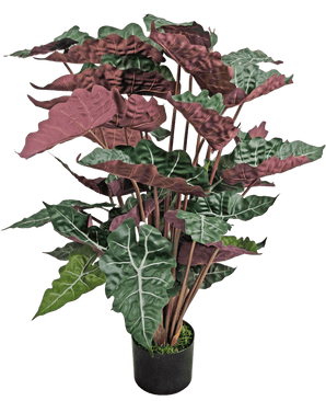 Die Kunstpflanze Alocasia 100 cm grün/rot hat große, dunkelgrüne Blätter mit markanten weißen Adern und rotvioletten Unterseiten, präsentiert in einem schwarzen Topf.