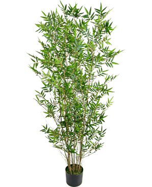 Die Kunstpflanze Bamboo Deluxe 150 cm ist eine hohe Bambuspflanze in einem Topf mit schlanken grünen Blättern und mehreren dünnen Stielen, fotografiert vor einem schlichten weißen Hintergrund.