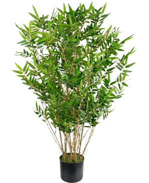 Die Kunstpflanze Bamboo Deluxe 90 cm ist ein hoher, grüner Kunstbambus mit schlanken Zweigen und langen, schmalen Blättern in einem schwarzen Topf, dargestellt vor einem schlichten weißen Hintergrund.