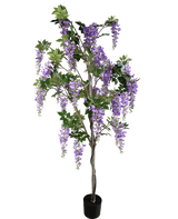 Die künstliche Glyzinienpflanze 210 cm ist eine künstliche Glyzinie in einem Topf mit grünen Blättern und violetten Blütenbüscheln vor einem schlichten weißen Hintergrund.