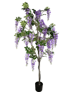 Die künstliche Glyzinienpflanze 210 cm ist eine künstliche Glyzinie in einem Topf mit grünen Blättern und violetten Blütenbüscheln vor einem schlichten weißen Hintergrund.