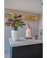 Die Kunstpflanze Calathea Makoyana UV 75 cm rot, mit leuchtend grünen und violetten Blättern, steht auf einer modernen Kücheninsel mit goldenem Wasserhahn; Eine Frau in einem hellen Kleid ist im Hintergrund neben einer beigen Wand und einem dekorativen Regal verschwommen.
