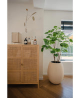 Ein heller Holzschrank mit Flaschen und Dekor steht neben einer künstlichen Ficus-Pflanze 150 cm in einem cremefarbenen Pflanzgefäß neben einem Fenster mit Jalousien, in einem hellen, modernen Raum mit Holzboden.