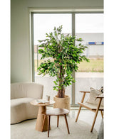 Eine gemütliche Wohnzimmerecke mit einer Kunstpflanze Ficus Tropical Liana 180 cm am Fenster, einem weichen weißen Sessel, einem Holzstuhl mit Kissen und zwei kleinen runden Holztischen mit Tassen und einer Kanne.
