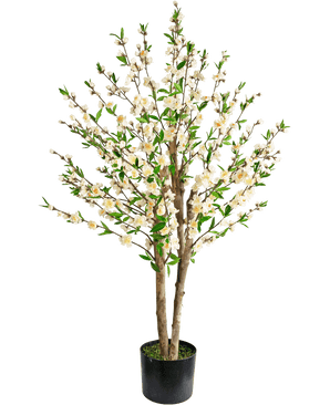 Die künstliche Kirschblütenpflanze 120 cm creme ist ein künstlicher Kirschblütenbaum in einem Topf mit mehreren braunen Stämmen, grünen Blättern und Büscheln kleiner weißer Blüten vor einem schlichten weißen Hintergrund.
