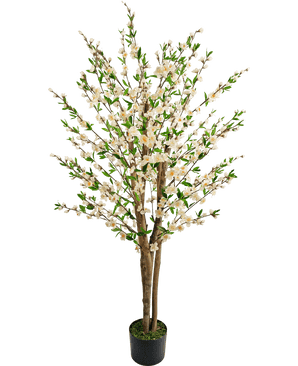 De Kunstplant Kersenbloesem 150 cm crème heeft meerdere bruine stammen, groene bladeren en trossen kleine witte bloemen in een kunstboom in pot tegen een effen witte achtergrond.