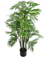 Die Kunstpflanze Parlour 120 cm ist eine hohe Palme in einem Topf mit langen, schlanken grünen Blättern und mehreren braunen Stielen, dargestellt vor einem schlichten weißen Hintergrund.
