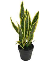 Die Kunstpflanze Sansevieria Laurentii 44 cm hat lange, aufrechte grüne Blätter mit gelben Rändern und wird in einem dekorativen Topf vor einem schlichten weißen Hintergrund geliefert.