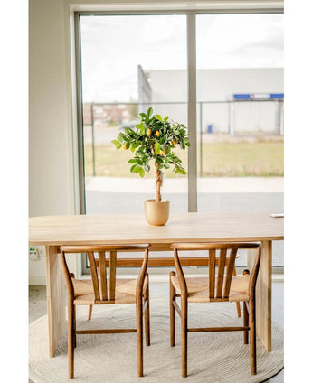 Auf einem runden Teppich neben einem großen Fenster steht ein heller Holztisch mit zwei passenden Stühlen. Ein künstlicher Zitronenbaum (75 cm) schmückt die Mitte des Tisches und verleiht der hellen, minimalistischen Szene Charme.