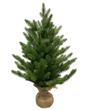 Der künstliche Weihnachtsbaum Mini „Lillemor“ 60 cm aus 100 % PE mit dichten grünen Zweigen und einem erstklassigen „Real Touch“-Feeling ist in Jute eingewickelt und wird vor einem schlichten weißen Hintergrund dargestellt.