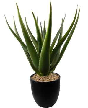Eine Nahaufnahme der Kunstpflanze Aloe Vera 45 cm zeigt dicke, grüne, stachelige Blätter in einem schwarzen Topf, gefüllt mit kleinen hellbraunen Kieselsteinen.