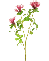 Eine einzelne künstliche Blume, Rhododendron-Azalea, 73 cm, fuchsiafarbener Stiel mit drei blühenden rosa Blüten und mehreren grünen Blättern auf weißem Hintergrund.