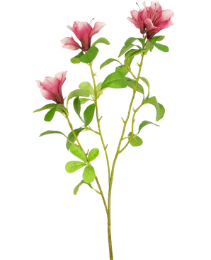 Eine einzelne künstliche Blume, Rhododendron-Azalea, 73 cm, fuchsiafarbener Stiel mit drei blühenden rosa Blüten und mehreren grünen Blättern auf weißem Hintergrund.