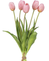 Ein künstlicher Tulpenstrauß Real Touch Pink 40 cm besteht aus fünf rosafarbenen künstlichen Tulpen mit grünen Blättern, die mit einem Seil an den Stielen befestigt sind und auf einem weißen Hintergrund abgebildet sind.