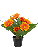 Die künstliche Gerbera UV 28 cm orange Pflanze hat künstliche orange und gelbe gänseblümchenartige Blüten mit grünen Blättern in einem schwarzen Topf, perfekt, um jeden Raum aufzuhellen.