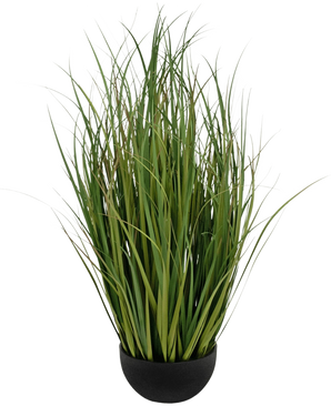 Der Kunstrasen Dogtail Onion Grass Bran 90 cm schwer entflammbar ist ein schwarzer Topf mit dichten, hohen, dünnen, grünen, grasähnlichen Blättern, die aufrecht stehen und vor einem weißen Hintergrund abgebildet sind.