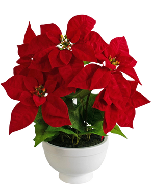 Die Kunstpflanze Weihnachtsstern 44 cm rot ist ein weißer Topf mit einer Weihnachtssternpflanze mit leuchtend roten, sternförmigen Blättern und grünem Blattwerk vor einem schlichten weißen Hintergrund.