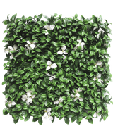 Die künstliche Hecke Gardenie mit weißer Blüte 50x50 cm UV ist eine quadratische Platte mit dichten grünen Blättern und vereinzelten weißen Blüten vor einem weißen Hintergrund.