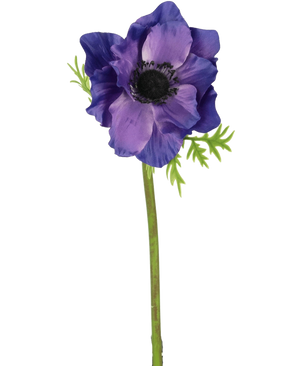 Die künstliche Blumenanemone 43 cm lila hat ein dunkles Herz, zartgrüne Blätter und einen langen grünen Stiel, die einen auffälligen Kontrast zum schlichten weißen Hintergrund bilden.