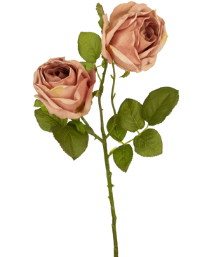 Die Kunstrose Deluxe 55 cm rosa besteht aus zwei rosa-braunen Kunstrosen mit grünen Blättern an einem einzigen Stiel, die einen auffälligen Kontrast zu einem schlichten weißen Hintergrund bilden.
