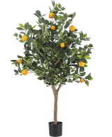 De Kunst sinaasappelboom 120 cm heeft dichte groene bladeren en levendige oranje vruchten tegen een effen witte achtergrond.