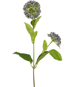 Ein einzelner künstlicher Blumenschneeball/Viburnum 70 cm lila mit grünem Stiel, breiten Blättern und zwei Büscheln kleiner lila Blüten, isoliert auf weißem Hintergrund.