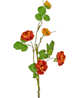Ein einzelner künstlicher Rosenzweig 90 cm mit mehreren roten Kunstrosen mit grünen Blättern vor einem schlichten weißen Hintergrund.