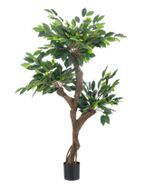 Die Kunstpflanze Ficus Crazy 120 cm ist ein hoher Kunstbaum in einem Topf mit mehreren braunen Stämmen und dichten grünen Blättern, dargestellt vor einem schlichten weißen Hintergrund.