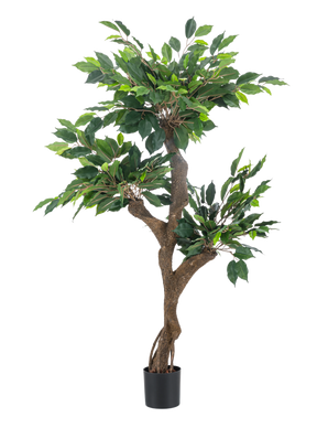Die Kunstpflanze Ficus Crazy 120 cm ist ein hoher Kunstbaum in einem Topf mit mehreren braunen Stämmen und dichten grünen Blättern, dargestellt vor einem schlichten weißen Hintergrund.