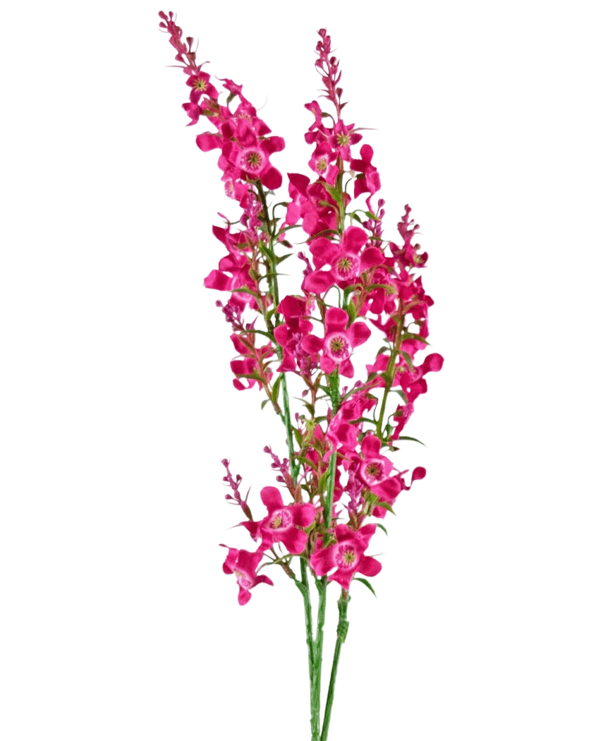 Die künstliche Blumen-Katzenminze 75 cm rosa hat einen Stiel aus leuchtend rosa künstlichen Blüten mit grünen Blättern, isoliert auf einem weißen Hintergrund.
