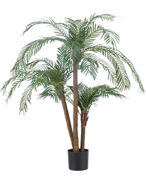 De Kunstpalm Cycas Classic 135 cm heeft meerdere slanke stammen en lange, overhangende groene bladeren, in een eenvoudige zwarte pot tegen een effen witte achtergrond.