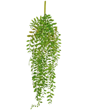 Die künstliche Hängepflanze Pumila 89 cm hat kleine, ovale grüne Blätter an mehreren Hängestielen, vor einem schlichten weißen Hintergrund.