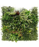 Die künstliche Hecke Prestiage 100x100 cm UV ist eine dichte vertikale Gartenplatte mit verschiedenen Grünpflanzen und Blattwerk in quadratischer Anordnung, mit unterschiedlichen Blattformen, -größen und Grüntönen.