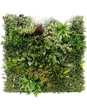 Die künstliche Hecke Prestiage 100x100 cm UV ist eine dichte vertikale Gartenplatte mit verschiedenen Grünpflanzen und Blattwerk in quadratischer Anordnung, mit unterschiedlichen Blattformen, -größen und Grüntönen.