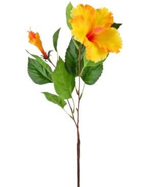 Die Kunstblume Hibiskus 64 cm gelb hat einen einzelnen Stiel mit leuchtend gelben Hibiskusblüten und grünen Blättern, dargestellt vor einem weißen Hintergrund.