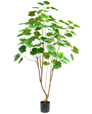 Die Kunstpflanze Ficus 180 cm ist eine hohe Zimmerpflanze in einem Topf mit mehreren schlanken braunen Stielen und großen grünen Blättern, dargestellt vor einem schlichten weißen Hintergrund.