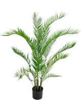 Die Kunstpflanze Chamaedorea 120 cm ist eine künstliche Palme mit langen, schlanken grünen Blättern in einem schwarzen runden Topf vor einem schlichten weißen Hintergrund.