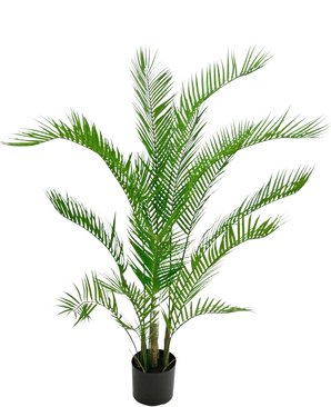 Die Kunstpflanze Chamaedorea 120 cm ist eine künstliche Palme mit langen, schlanken grünen Blättern in einem schwarzen runden Topf vor einem schlichten weißen Hintergrund.