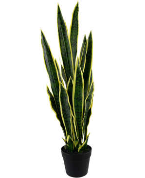 Die Kunstpflanze Sansevieria Laurentii 92 cm im dekorativen Topf hat hohe, aufrechte grüne Blätter mit gelben Rändern vor einem schlichten weißen Hintergrund.