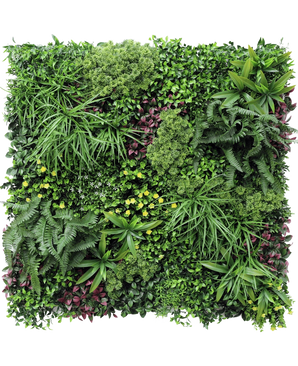 Die künstliche Hecke Wonderland 100x100 cm UV ist ein quadratischer vertikaler Garten mit einer dichten Mischung aus grünen und violetten Blättern, Farnen und kleinen gelben Blüten in einer üppigen, strukturierten Anordnung.