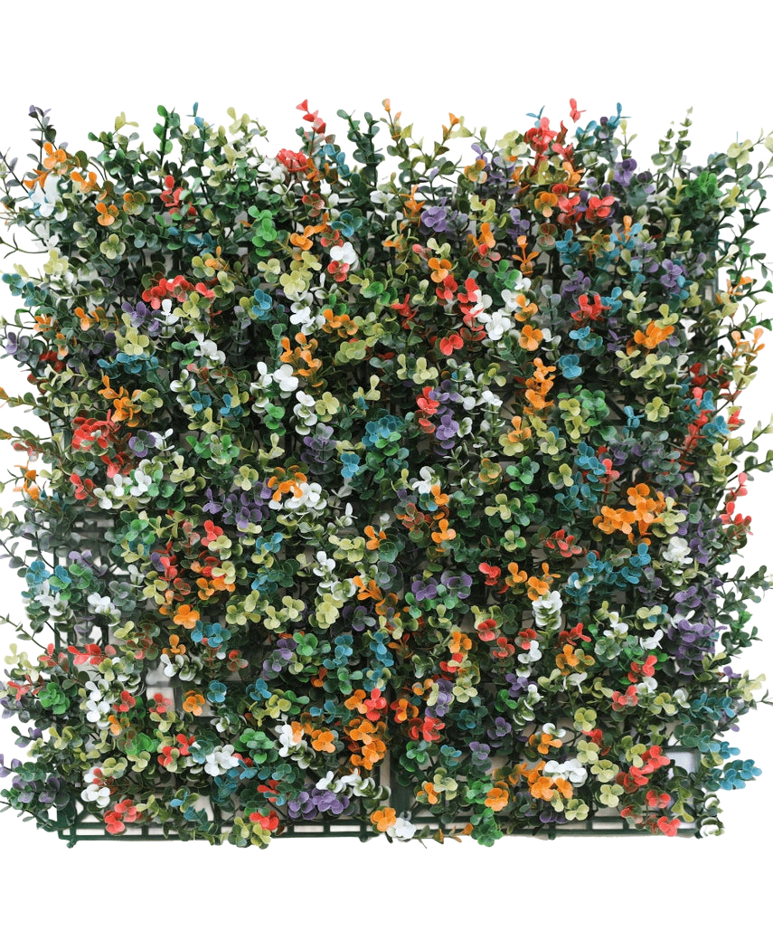 Die künstliche Buchsbaumhecke mehrfarbig 50 x 50 cm UV ist eine quadratische Platte aus dichtem künstlichem Buchsbaum mit kleinen Blättern und Büscheln oranger, weißer, roter, gelber, violetter und blauer Blüten auf einem grünen Kunststoffgitterhintergrund.