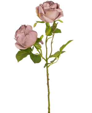 Eine einzelne künstliche Rose Deluxe, 55 cm, violetter Stiel mit zwei staubigen malvenfarbenen Rosen und grünen Blättern, vor einem schlichten weißen Hintergrund.