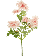 Die künstliche Blumen-Dahlie 68 cm rosa hat einen einzelnen grünen Stiel mit mehreren hellrosa Dahlienblüten und grünen Blättern vor einem schlichten weißen Hintergrund.