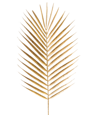 Der künstliche Zweigfarn 64 cm gold hat ein einzelnes goldenes Palmenblatt mit langen, schlanken Blättern auf einem schlichten weißen Hintergrund.